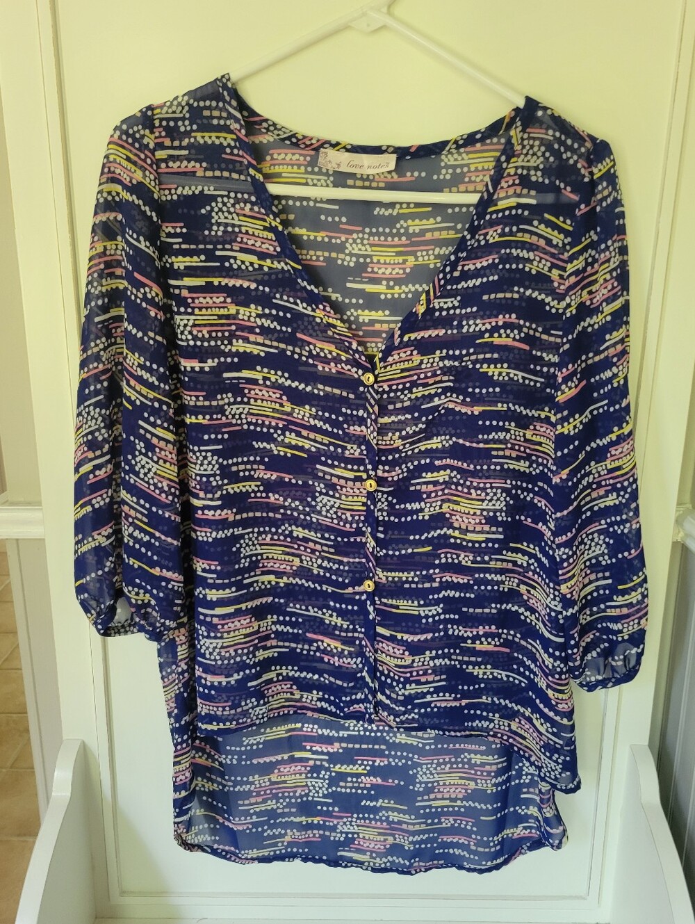 Love, Fire Navy Patterned V-Neck Button Sheer Blouse